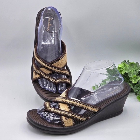 Skechers Cali Club Diamond Jubilee‎ Wedge Sandals Women's 9 Brown Strappy Slides - Picture 1 of 9